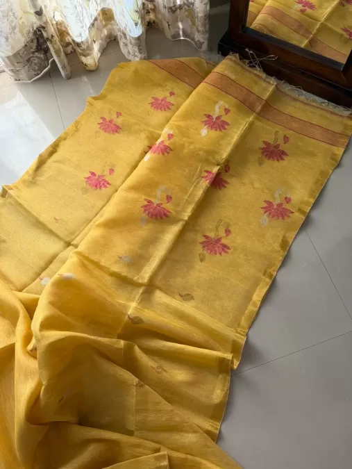 Golden Yellow Jamdhani Linen Tissue Saree