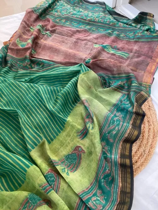 Green Maheshwari Silk by Cotton Saree in Handblock Print