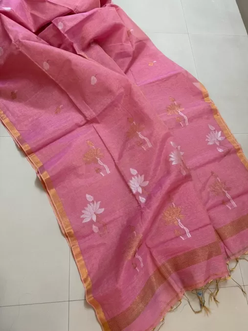 Pink Jamdhani Linen Tissue Saree