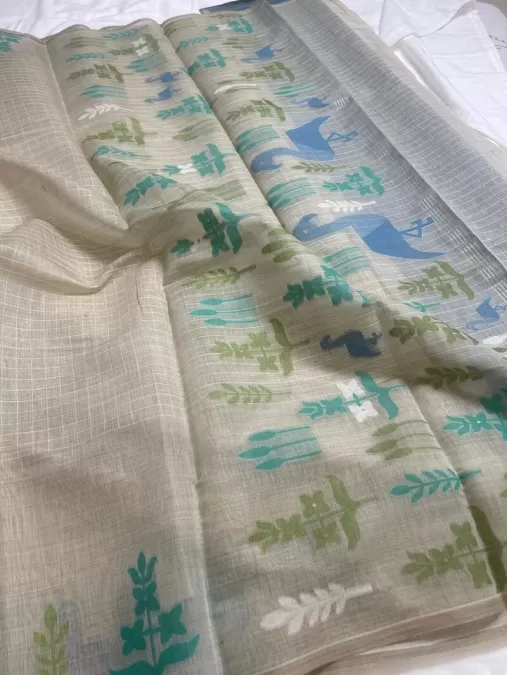 Cream with Blue Cotton Saree with Contrast Artistic Print Border