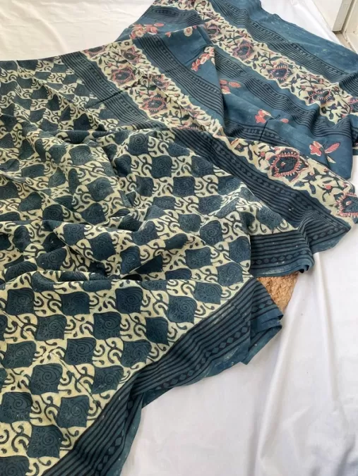 Indigo Blue Mul Cotton Saree with Handblock Print