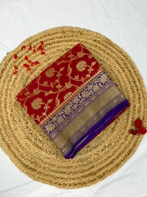 Rust Orange with Purple Khaddi Georgette Silk Saree