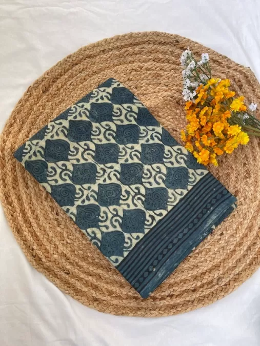 Indigo Blue Mul Cotton Saree with Handblock Print