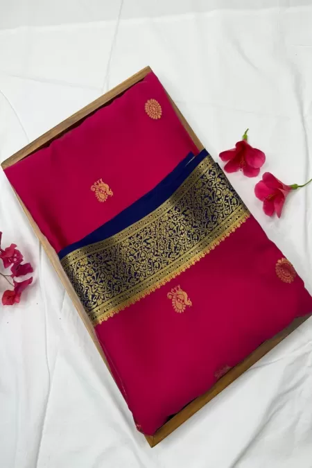 Contrast Butta Pink with Blue Pure Mysore Crepe Silk Saree