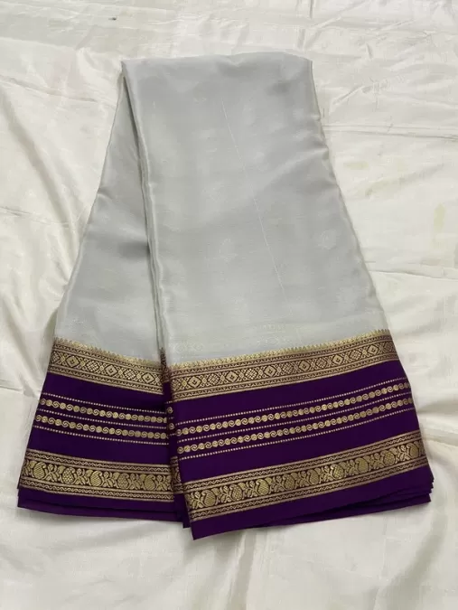Silver Grey Mysore Crepe Silk Saree with Purple Zari Border