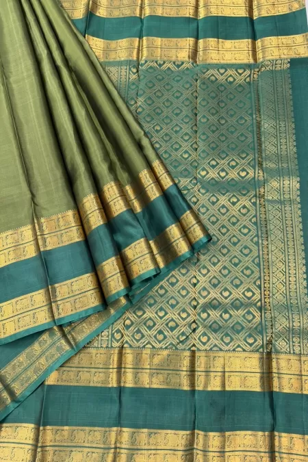Gap Border Mehendi Green with German Blue Kanjeevaram Silk Saree