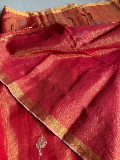Rust Orange Jamdhani Linen Tissue Saree