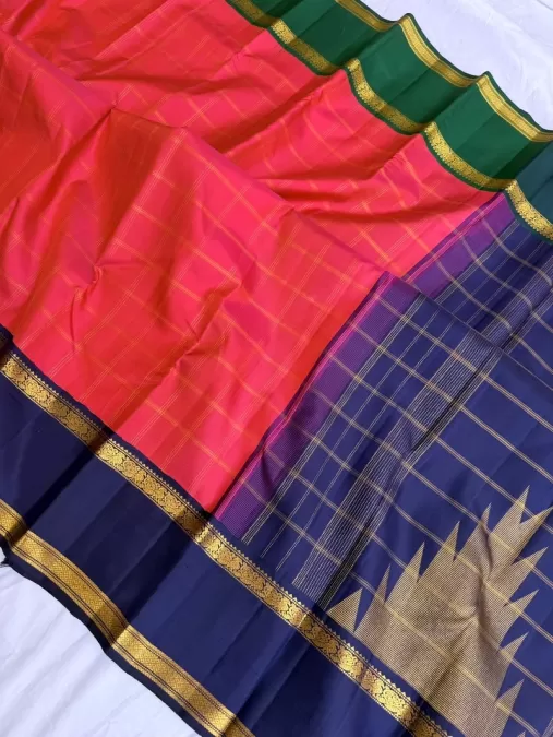 Ganga Jamuna Orangish Pink with Green and Dark Blue Kanjeevaram Silk Saree