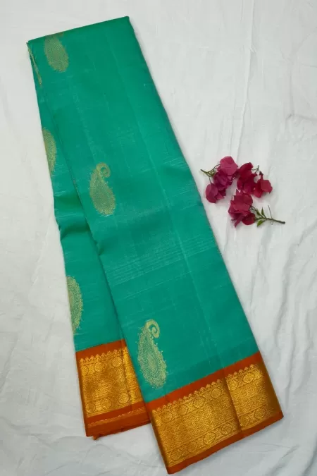 Sea Green with Orange Korvai Kanjeevaram Silk Saree