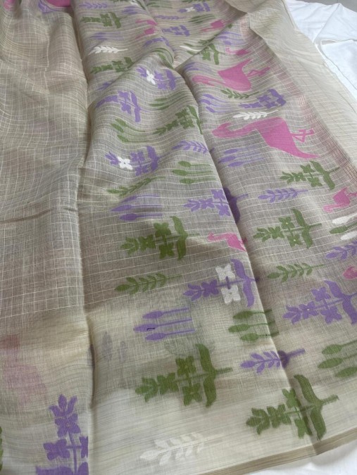 Cream with Pink Cotton Saree with Contrast Artistic Print Border