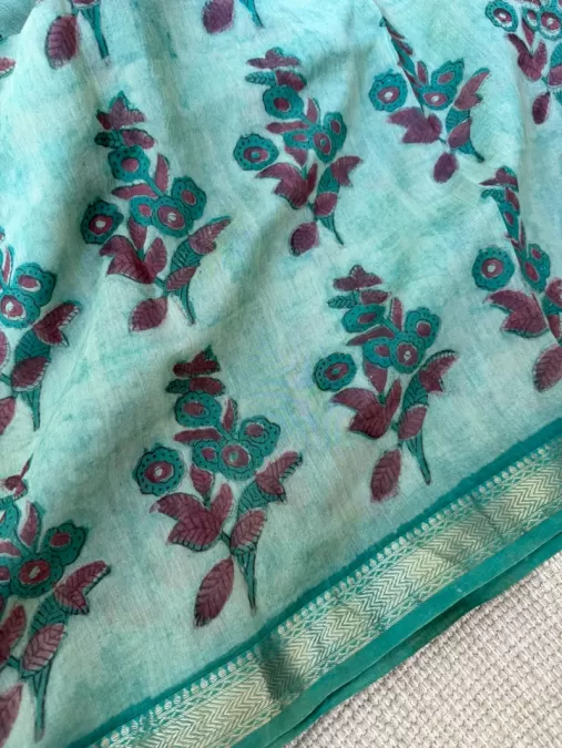 Green Maheshwari Silk by Cotton Handblock Saree with Chemical-Free Dye