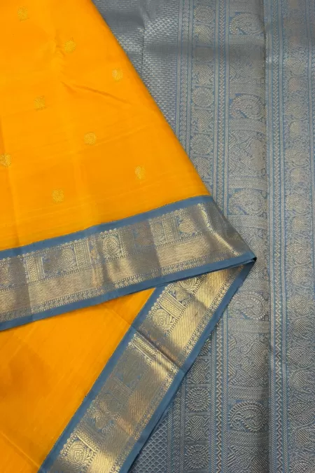 Yellow with Powder Blue Pure Zari Korvai Kanjeevaram Silk Saree