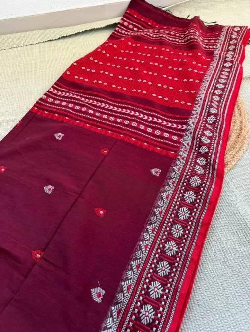 Handloom Maroon with Red Assam Cotton Saree