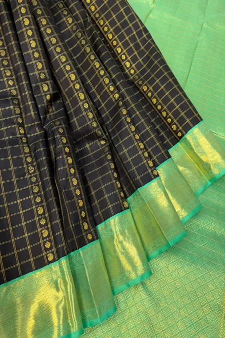 Dark Navy Blue with Sea Green Checks Butta Korvai Kanjeevaram Silk Saree