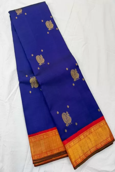 Korvai Navy Blue with Earthy Red Kanjeevaram Silk Saree