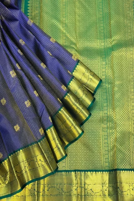 Checks MS Blue with Green Korvai Kanjeevaram Silk Saree