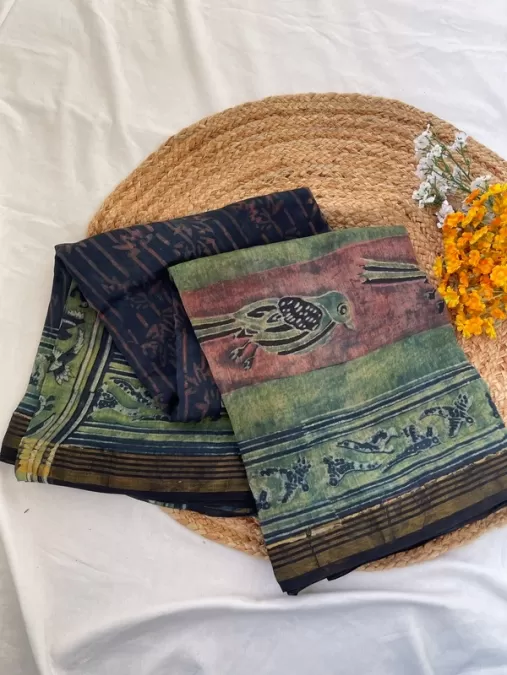 Dark Blue Pure Paper SIlk by Cotton Nashpal Handblock Print