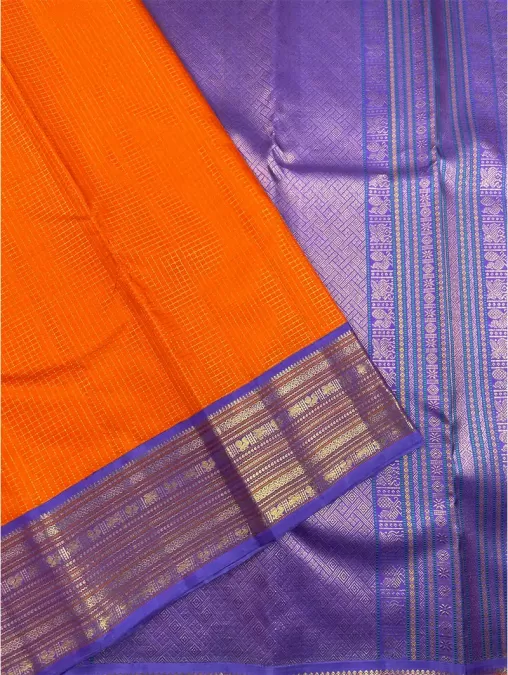 Checks Orange with Violet Contrast Kanjeevaram Silk Saree