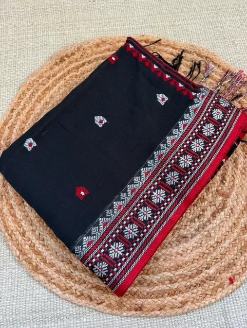 Handloom Black with Red Assam Cotton Saree