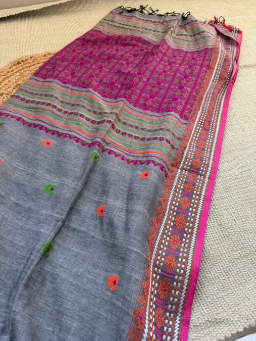 Handloom Grey with Pink Assam Cotton Saree