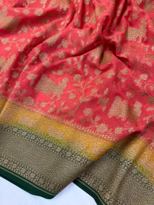 Double Border Orange with Mustard Green Khaddi Georgette Silk Saree